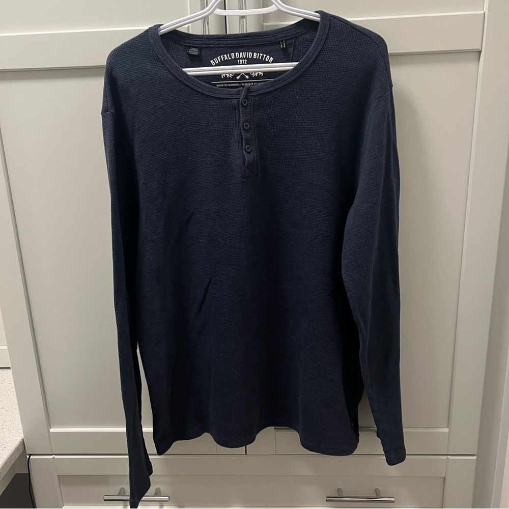 BUFFALO David Button Henley Waffle Knit Navy Long Sleeved Shirt Men's Size XL
